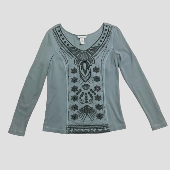 Sundance Womens Gray Long Sleeve V-Neck Top with Floral Embroidered Net Overlay - Picture 1 of 8